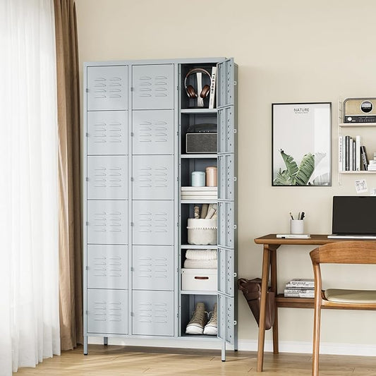 Letaya Metal Lockers for Employees-18 Door Storage Locker with Shelves and Lockable Steel Cabinet for School,Gym,Office,Staff (Grey, 18 Door)