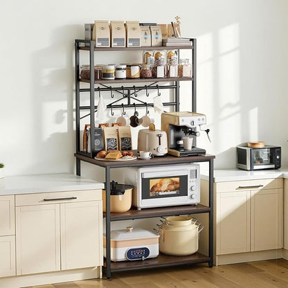 VEVOR Bakers Rack, 31.5 inch Width Microwave Stand,Kitchen Stand with X-Shaped Support Bar & 12 S-Shaped Hooks,Kitchen Storage Shelf for Dish Storage, Spice Jars, Coffee Bar Organization