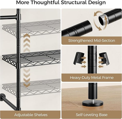 Closet Organizers and Storage, 4-Row Heavy Duty Clothes Rack for Hanging Clothes, Wall Mounted Closet System with 4 Telescopic Rods, 2 Fixed Rods, 5 Hooks, 8 Shelves for Wardrobe, Bedroom, Small Space