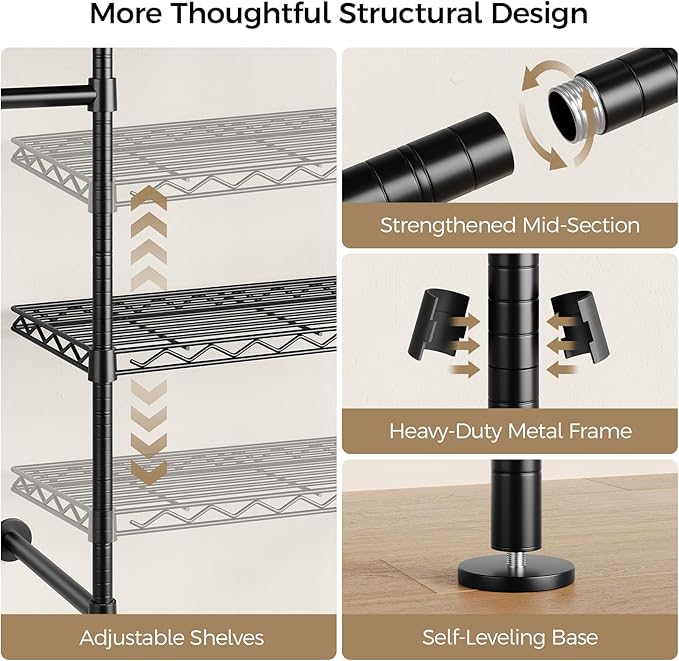 Closet Organizers and Storage, 2-Row Heavy Duty Garment Rack Clothes Rack for Hanging Clothes, Wall Mounted Closet System with 2 Telescopic Rods, 3 Hooks, 6 Shelves for Wardrobe, Bedroom, Small Space