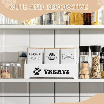 Weysat Dog Treat Container Set for Countertop Includes 3 Metal Treat Jars, 1 Food Storage Tray with Sticker and Pen Farmhouse Pet Food Storage Organizer Gift for Pet Dog Owners