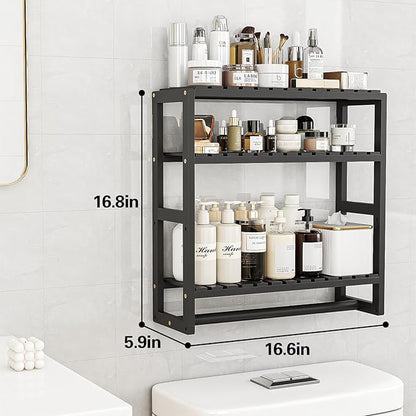 Over The Toilet Storage Bathroom Shelves Wall Mounted 3 Tier Space Saver Corner Shelf Organizer Bamboo Towel Rack Toilet Paper Cabinet with Hanging Rod Black Sets