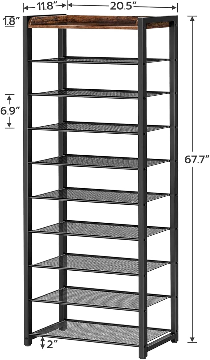 HOOBRO 10-Tier Shoe Rack, 20.5" L Shoe Storage Organizer, Narrow Shoe Shelf, Saving Space, Stable and Sturdy, Hold 18-20 Pairs of Shoes, for Entryway, Hallway, Living Room, Rustic Brown BF40XJ01