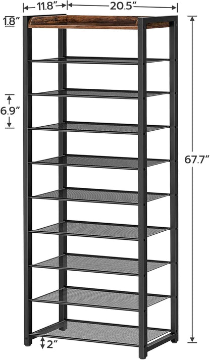 HOOBRO 10-Tier Shoe Rack, 20.5" L Shoe Storage Organizer, Narrow Shoe Shelf, Saving Space, Stable and Sturdy, Hold 18-20 Pairs of Shoes, for Entryway, Hallway, Living Room, Rustic Brown BF40XJ01