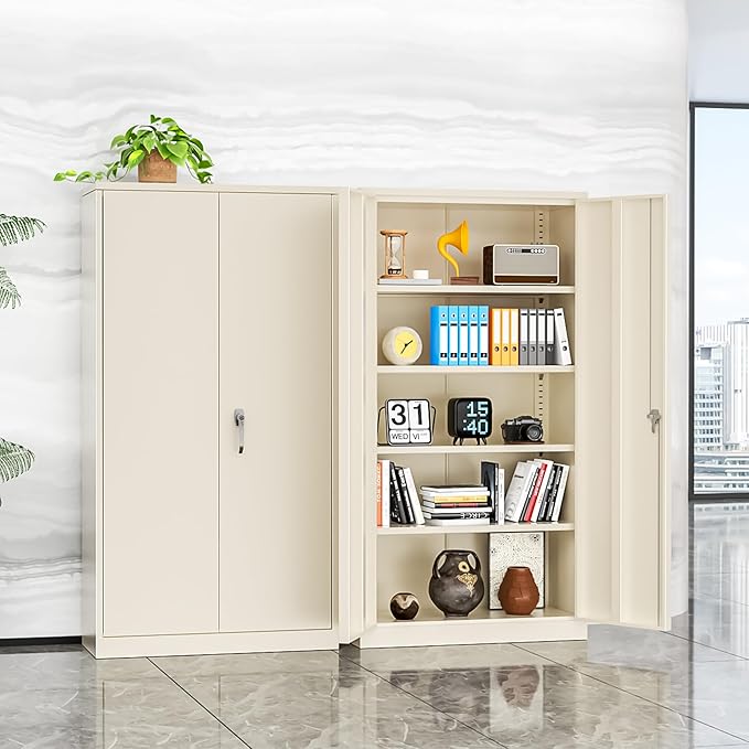 INTERGREAT Tall Metal Storage Cabinet Locking Steel with 4 Adjustable Shelves,72" Lockable Cabinets Lock 2 Doors for Office Garage Supply Home (Cream Gray)