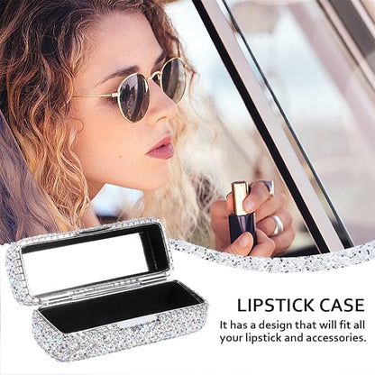 Rhinestone Lipstick Case with Mirror, Bling Crystal Lipstick Case Diamonds Makeup Cosmetic Storage Box Holder for Purse Ladies Fashion (Silver Color)