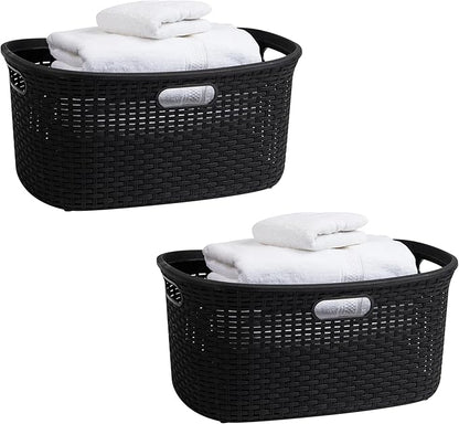 Mind Reader 40L Laundry Basket, Clothes Hamper, Premium Wicker Design, Plastic, Set of 2, Black