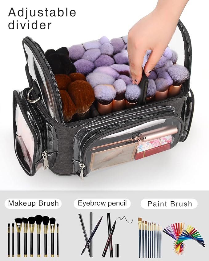 TANTO Clear Makeup Brush Case,Stand-up Makeup Cup Large Cosmetic Organizer Holder Professional Makeup Artist Travel Case with Adjustable Divide&Strap (02-Black（X Large）)