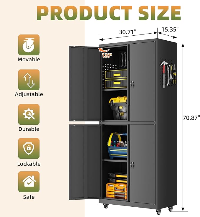 Garage Storage Cabinet with Wheels, Lockable Metal Storage Cabinet, 71''H Heavy Duty Garage Cabinet with Pegboard & 4 Doors for Utility Room Warehouse Home Office