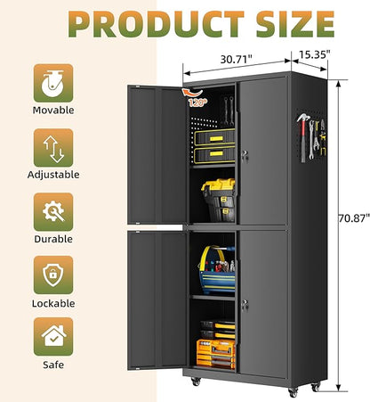 Garage Storage Cabinet with Wheels, Lockable Metal Storage Cabinet, 71''H Heavy Duty Garage Cabinet with Pegboard & 4 Doors for Utility Room Warehouse Home Office