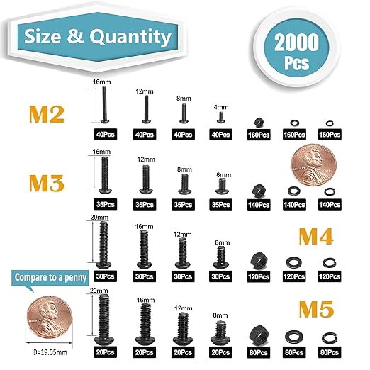 Kadrick Metric Screw Assortment, 2000PCS Metric Bolt Assortment Kit M2 M3 M4 M5 Machine Screws with Lock & Flat Washers, Grade 10.9 Alloy Steel Hex Socket Button Head Black Screws Nuts and Bolts Kit
