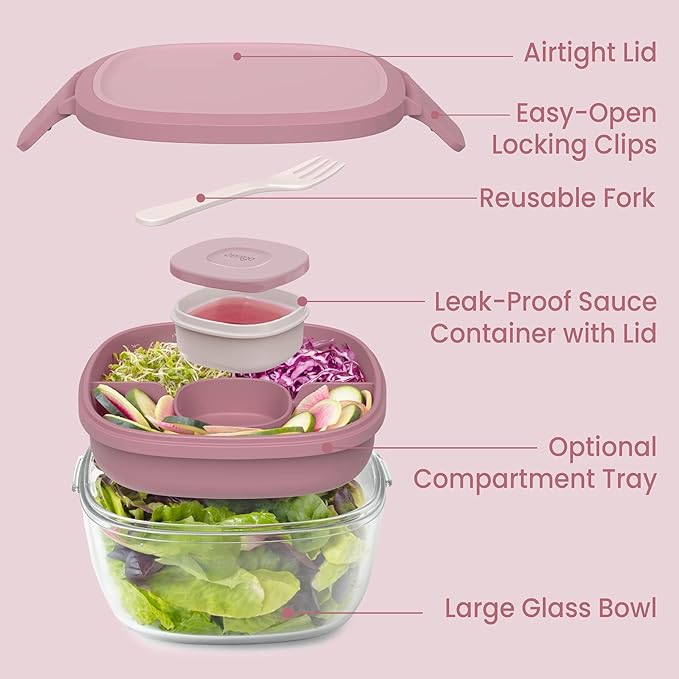 Bentgo Glass Salad Container - 7.6-Cup Salad Bowl with Airtight Lid, Leak-Proof Sauce Container, 4-Compartment Bento Tray & Reusable Fork - BPA-Free for Meal Prep, Office & More (Rose)