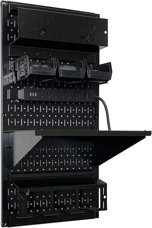 Wall Control Power Tool Storage Organizer Kit Cordless Drill Holder Charging Station Rack 16” x 32” Metal Pegboard Organization System (Black Pegboard)