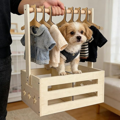 Wooden Pet Storage Organizer with Clothes Rack, Dog Toy Storage Bin, Cat Wardrobe Closet with Handle, Multi-Compartment Pet Accessories, 8 Small pet Clothes Hangers
