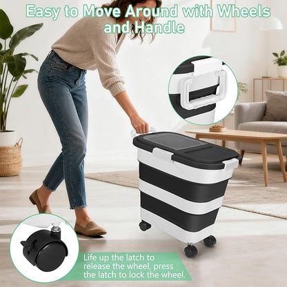 ShineMe Dog Food Storage Container, 30 Lbs Collapsible Food Storage Containers with Rolling Wheel Airtight Locking Lid, Cat Foods Bin with Cup and Scoop, Suitable for Pet Snack, Rice, Flour (Black)