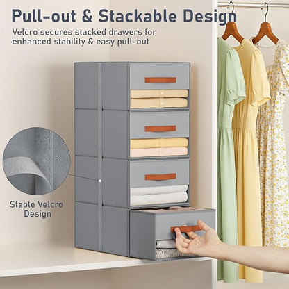 DIMJ Closet Organizers and Storage - Fabric Bins with Drawers for Closet Foldable Clothes Organizers with Clear Window, Stackable Storage Drawers Units for Bedroom, Living Room, Medium 6-Pack, Grey