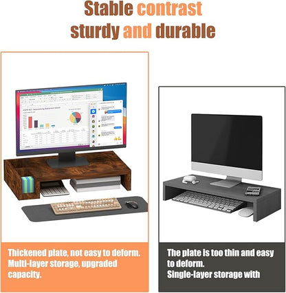 Wooden Single Monitor Stand Riser, 16" Long with Storage Pen Holders, Laptop Desk Stand, Desktop Shelf Office Desk Accessories, Computer Monitor Riser for Home Office, Rustic Brown (Single)