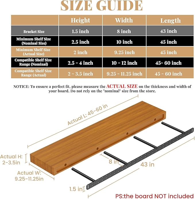 1 Pack Large Shelf Brackets Long Floating Shelf Bracket Invisible Floating Shelf Hardware Heavy Duty Floating Mantel Brackets(43"X8"X1.5" with Tools)