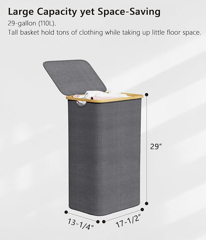 SUOCO Laundry Hamper with Lid, 29 Gal (110L) Clothes Basket with Bamboo Handles, Large Foldable Laundry Hamper for Bedroom, Bathroom, Dorm, Laundry Room - Grey