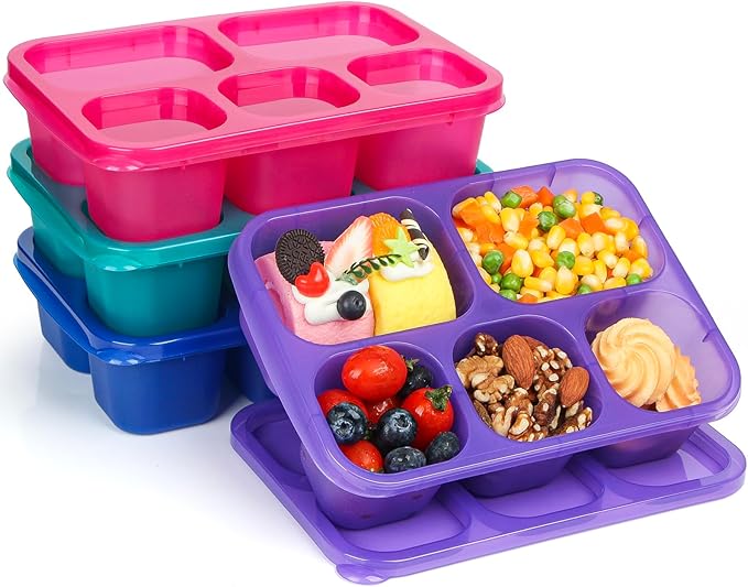 Bento Box Adult - Snack Box Containers 4 Pack, 5 Compartment Lunchables Containers for Kids/Adults, Meal Prep Container Reusable for Travel (Colorful)