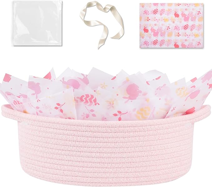 OIAHOMY Gift Basket with Handle, Easter Basket with Gift Bag, Ribbon and Wrap Tissue Paper, Nursery Bins Empty to Fill with Small Items, Baby, Pet Toy Organiser - Easter Pink