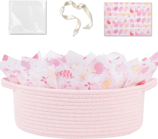OIAHOMY Gift Basket with Handle, Easter Basket with Gift Bag, Ribbon and Wrap Tissue Paper, Nursery Bins Empty to Fill with Small Items, Baby, Pet Toy Organiser - Easter Pink