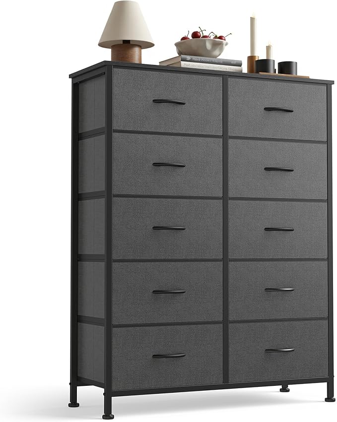 Sweetcrispy 10 Drawer Fabric Dresser Storage Tower with Bins, Tall Chest Organizer for Bedroom Closet Hallway, Steel Frame Wood Top Easy Pull Handles,Dark Gray
