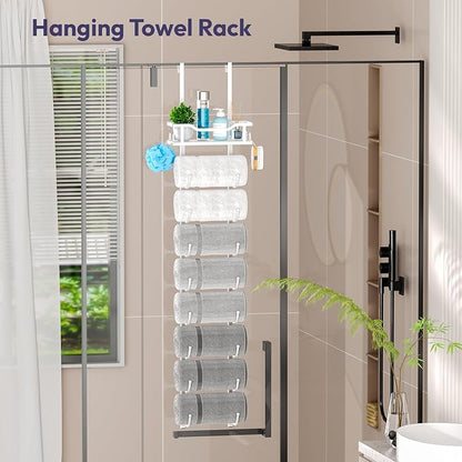 SWTYMIKI Over The Door Towel Rack - 9 Tier Towel Racks for Bathroom Wall Mounted, Towel Holder with Shelf, Hanging Rolled Towel Storage Organizer for Small Bathroom, Camper, RV, White
