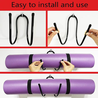 Upgraded large Yoga Mat Holder Wall Mount, Metal Storage Rack for Yoga Mat/Wheels, Foam Roller etcs, Wall Rack Organizer Hooks for Hanging Stretching Strap & Resistance Bands, Yoga Room/Home Gym Decor