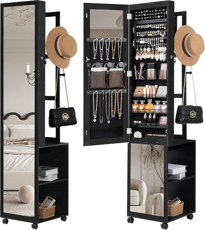 8 LEDs Jewelry Cabinet Armoire, 66.9-inch Jewelry Organizer with Garment Rack, Lockable Full-length Mirror with 4 Wheels, Storage Shelves with Hooks, 5-in-1, Black JC17004B