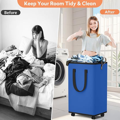 Laundry Basket with Wheels, Collapsible Laundry Baskets, Laundry Hamper with Handles Detachable Wheels, Rolling Laundry Basket, Dirty Clothes Hamper for Bathroom, Dorm, Bedroom, Blue, 100L