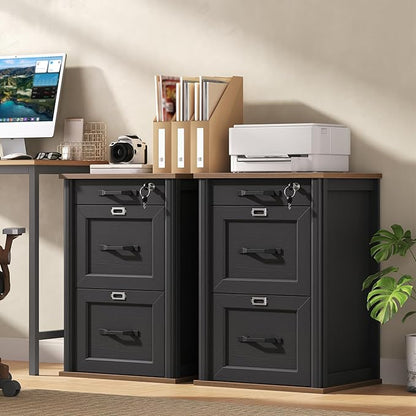 3 Drawer File Cabinet with Lock, Wooden Farmhouse Filing Cabinet with Storage Fits Letter and A4 Size, Vertical Printer Stand for Home Office, Rustic Brown and Black