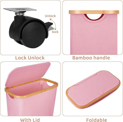 Slim Laundry Basket with Wheels,Narrow Hampers for Laundry,Freestanding Laundry Hamper with Lid&Bamboo Handles,Collapsible & Waterproof Tall Cloth Hamper for Dorm Family(60L Pink)