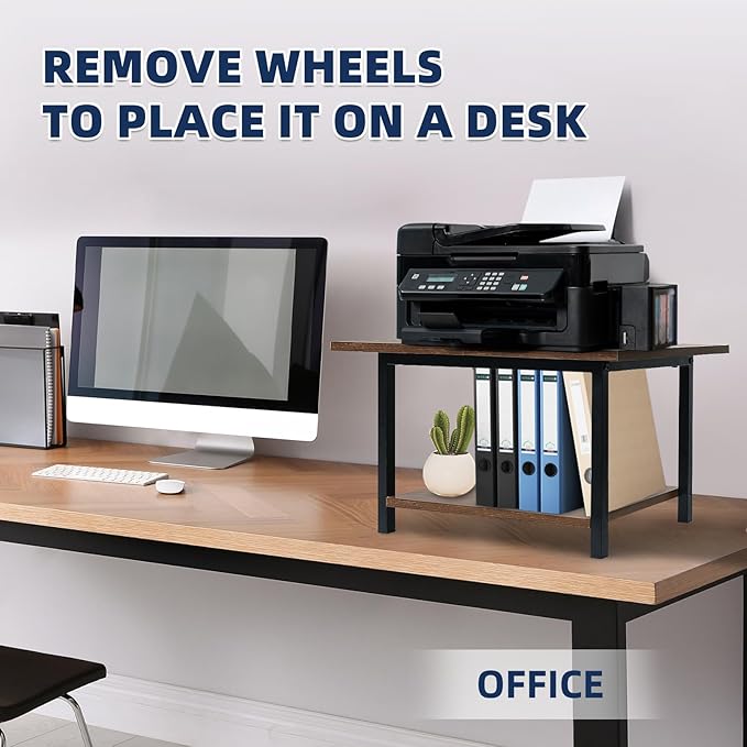 Printer Stand with Storage Shelf, Small Printer Stand for Desk Office Home, Under Desk Printer Table with Rolling Wheels, Heavy Duty Mobile Machine Cart with Shelf, Rustic Brown