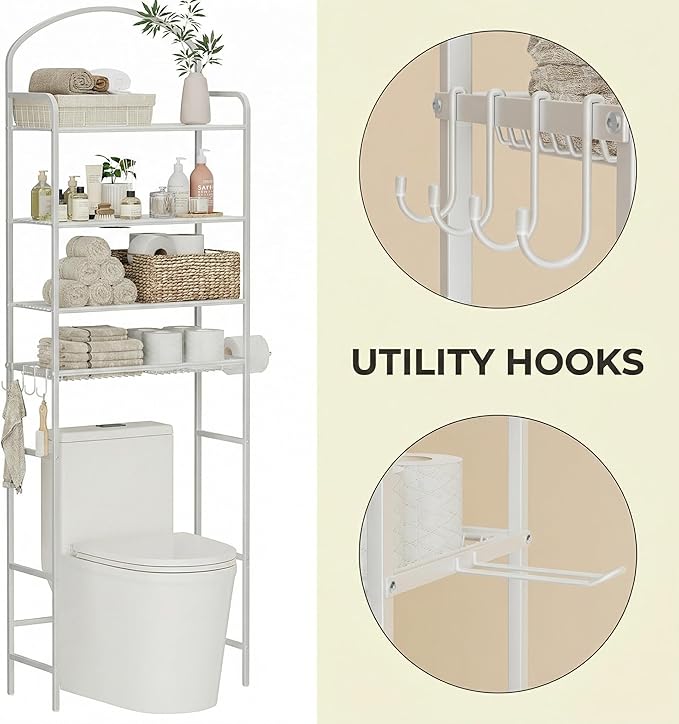 4-Tier Over The Toilet Storage, Bathroom Organizer, Space-Saving, Above Toilet Storage Rack with 4 Hooks and Paper Holder, Metal Shelf, White