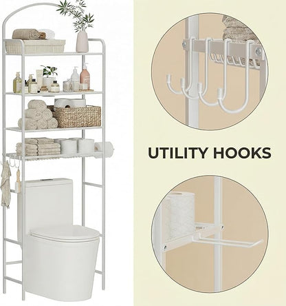 4-Tier Over The Toilet Storage, Bathroom Organizer, Space-Saving, Above Toilet Storage Rack with 4 Hooks and Paper Holder, Metal Shelf, White