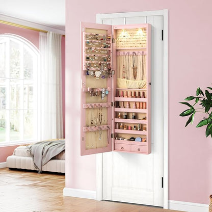 Giantex Wall Door Mounted Jewelry Armoire Cabinet with 47.5" Full Length Mirror, 2 LEDs Lockable Jewelry Organizers and Storage, Over the Door Jewelry Organizer Cabinet with 2 Drawers (Light Pink)