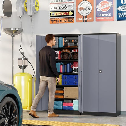 Metal Garage Storage Cabinets with Lock, 71" Tall Tool Cabinet with 2 Door and 5 Adjustable Shelves, Locking Garage Cabinets and Lockable Steel Locker for Home Office Warehouse-(Black Gray-71”H)