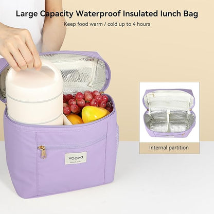 Voova Stackable Stainless Steel Thermal Lunch Box with Lunch Bag and Cultery Set for Adult Women Men, 3 Tier Leakproof & Microwave Safe Insulated Bento Boxes Food Container for Work, Purple