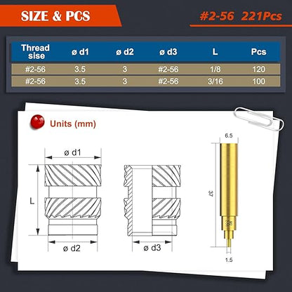 221Pcs #2-56 Threaded Inserts,Female Thread SAE Knurled Nuts Assortment Kit, Brass Heat Set Insert for Plastic and 3D Printing Components (#2-56 * 1/8 * 3.5, #2-56 * 3/16 * 3.5)