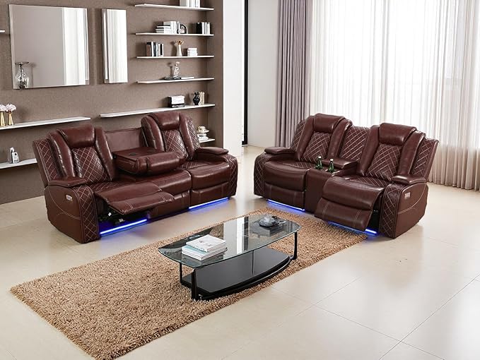 Modern Recliner Couch with Hidden Storage, 2-Piece Power Reclining Sofa Couch Set, Brown Breathing Leather Power Recliner Sofa and Loveseat with LED Light for Living Room/Home Theater