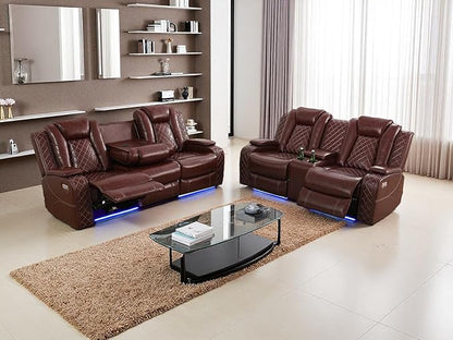 Modern Recliner Couch with Hidden Storage, 2-Piece Power Reclining Sofa Couch Set, Brown Breathing Leather Power Recliner Sofa and Loveseat with LED Light for Living Room/Home Theater