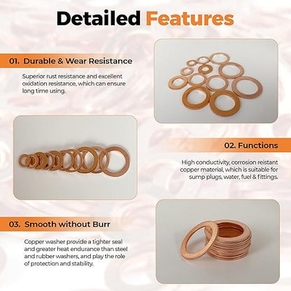 325 PCS, 10 Sizes, Premium Copper Metric Sealing Crush Washers Assortment Kit, Upgraded Flat Ring Oil Drain Plug Crush Washer Gasket Seal Assortment Set, Banjo Bolt Washer for Automotive, Motorcycles
