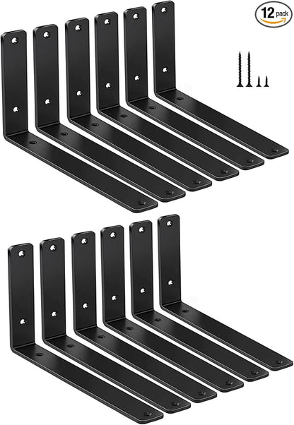 12 Pack - L 10" x H 6" x W1.5, 5mm Thick Black L Shelf Bracket, Iron Shelf Brackets, Metal Shelf Brackets, Floating Shelf, Shelf Supports with Screws