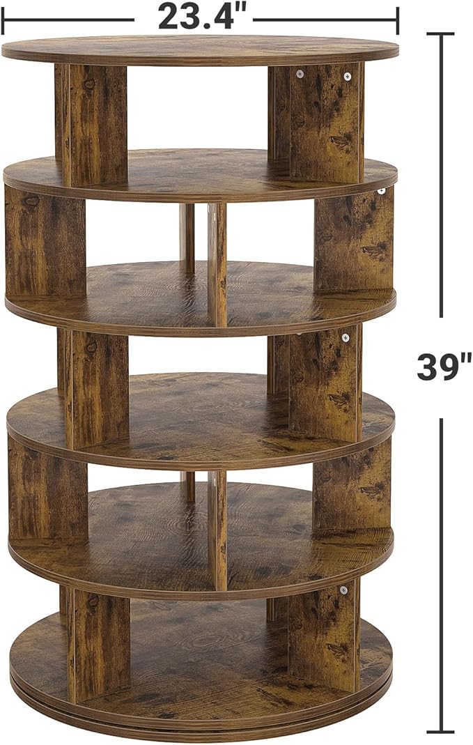 Aheaplus Rotating Shoe Rack, 5-Tier Wood Shoe Organizer for Closet, 360° Spinning Shoe Rack Tower Space-Saving Shoe Storage Shelf for Entryway, Garage, Bedroom, Rustic Brown