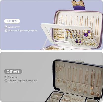 Lolalet 2 Layer Jewelry Box for Teen Girls & Young Women, Jewelry Organizer Case with Bow Clasp and Mirror for Earrings Rings Necklaces Storage, Gift Idea -Purple