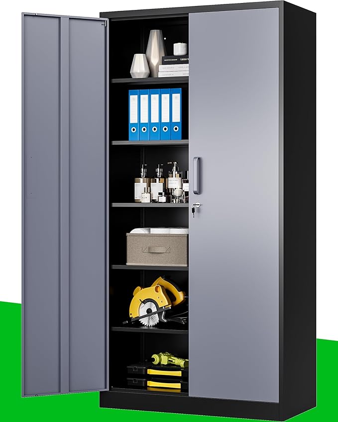 Metal Storage Cabinet, 71 Inch Tall with Adjustable Shelves & Locking Doors, Tool Cabinets for Garage, Office, Home, School, Gym Storage (Grey Black)