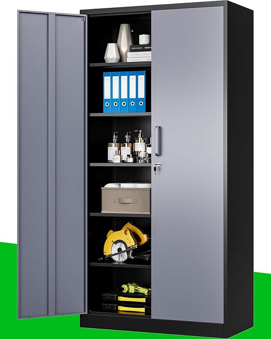 Metal Storage Cabinet, 71 Inch Tall with Adjustable Shelves & Locking Doors, Tool Cabinets for Garage, Office, Home, School, Gym Storage (Grey Black)