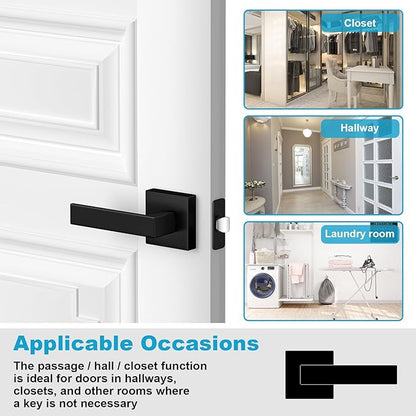 Estmoon 6 Pack Door Handles Matte Black - Passage Door Knobs Interior Square Door Levers, Heavy Duty Non-Locking Leversets Hall Closet Handles, Reversible for Right & Left Sided Doors