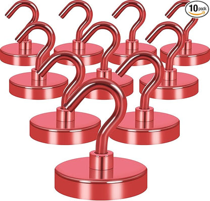 Neosmuk Magnetic Hooks, Heavy Duty 130lb+ Strong Magnet Hook for Cruise Cabins, Cruise Ship Essentials for Hanging, Metal Wall Refrigerator Hangers (Red, 10 Pack)